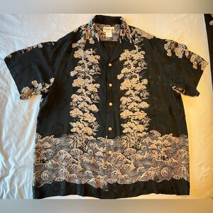Vtg Silk IOLANI Mens XXL SS Shirt loop collard bamboo button Black waves Bonsai